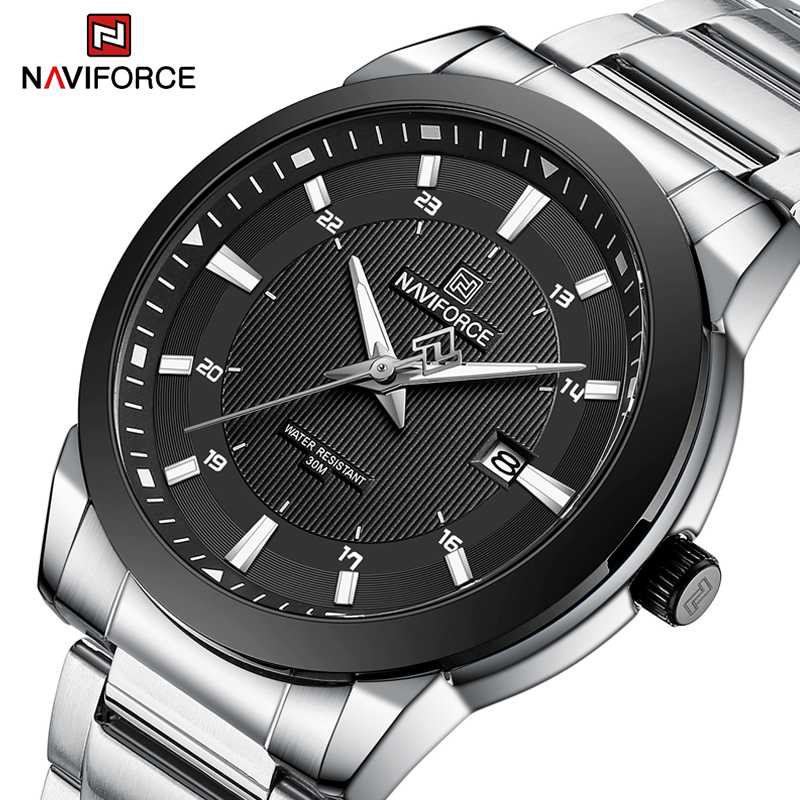 Naviforce แบรนด ์ ชั ้ นนําหรูหรา Auto Date Man นาฬิกาสแตนเลสกีฬาทหารควอตซ ์ นาฬิกาธุรกิจ