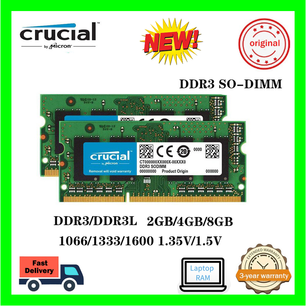 Crucial NOTEBOOK RAM หน่วยความจําแล็ปท็อป DDR3 DDR3L 2GB 4GB 8GB 1066 1333 1600MHz PC3-12800S สําหรับแล็ปท็อป RAM
