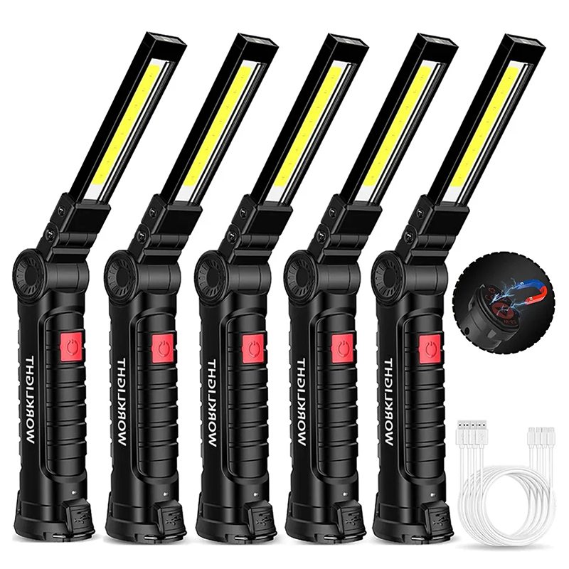 ไฟทํางาน LED แบบชาร์จไฟได้ พร้อมแม่เหล็ก และ 360° ขาตั้งไฟฉาย COB 5 โหมด หมุนได้ สําหรับซ่อมแซมรถยนต์ บ้าน โรงรถ ฉุกเฉิน บาร์บีคิว ตั้งแคมป์