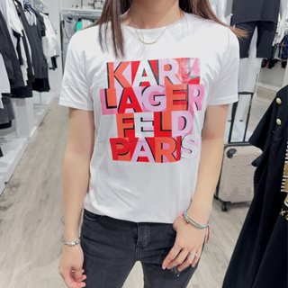 เสื้อยืดแขนสั้นลําลอง พิมพ์ลายตัวอักษร Karl Lagerfeld แบบเรียบง่าย สวมใส่สบาย สําหรับผู้ชาย และผู้หญิง