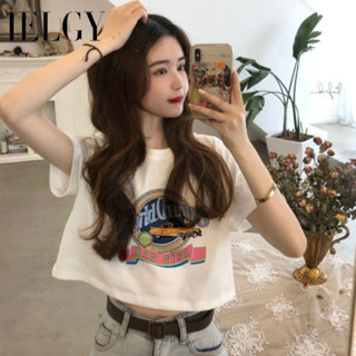 Ielgy เสื้อแขนสั้น เอวสูง พิมพ์ลาย สําหรับผู้หญิง