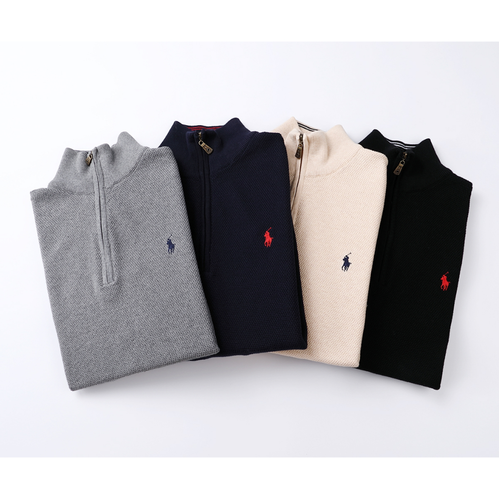 RL เสื ้ อกันหนาวแขนยาว Ralph Lauren เสื ้ อโปโลครึ ่ งเปิดซิปเสื ้ อกันหนาวธุรกิจ Casual Jacket Stand Collar Top