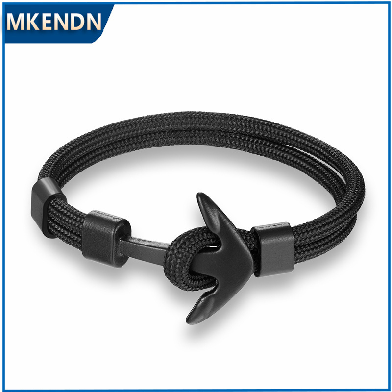 Mkendn แฟชั่นสีดํา Hook Anchor สร้อยข้อมือปรับ Nautical เชือกสร้อยข้อมือสําหรับผู้ชายผู้หญิงเครื่องประดับ