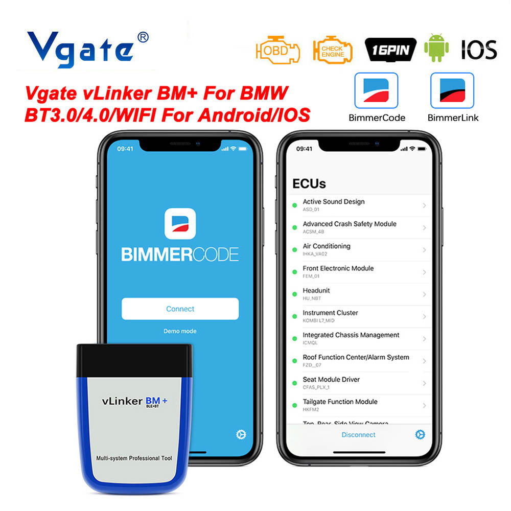 Vgate vLinker BM+ ELM327 V2.2 เครื่องมือสแกนเนอร์วินิจฉัยรถยนต์ บลูทูธ 4.0 และ wifi สําหรับ BMW E60 E90 F10 F30 Android IOS BMW ELM 327 OBD 2 OBD2