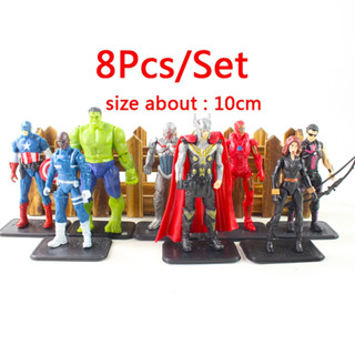 โมเดลฟิกเกอร์ PVC รูปการ์ตูนมาร์เวล The avengers Thor Hulk Captain America Tony Stark Black Widow Hawkeye ขนาด 10 ซม. ของขวัญ ของเล่นสําหรับเด็ก 8 ชิ้น ต่อชุด