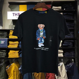 เสื้อยืดโปโล แขนสั้น คอกลม ผ้าฝ้าย พิมพ์ลายหมี สําหรับผู้ชาย