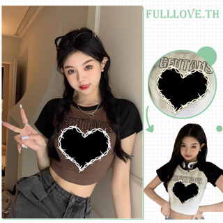 Fulllove เสื้อครอปสไตล์แฟชั่นสำหรับผู้หญิง ลายพิมพ์ทรงหัวใจน่ารัก เนื้อผ้านุ่มสบายY2K  crop top