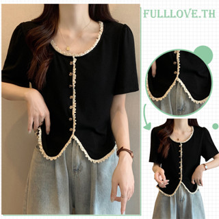 Fulllove เสื้อครอปแขนสั้น คอวีแต่งกระดุมหน้า เนื้อผ้านุ่มสบาย crop top