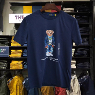 เสื้อยืดโปโล แขนสั้น คอกลม ผ้าฝ้าย พิมพ์ลายหมี สําหรับผู้ชาย