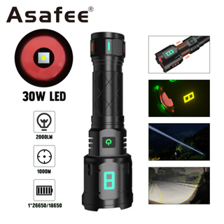 Asafee ไฟฉาย LED 30W 2000LM 18650 แบตเตอรี่ 26650 TYPE-C ชาร์จแบตเตอรี่ สําหรับตั้งแคมป์ กลางแจ้ง ฉุกเฉิน