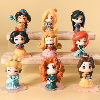 โมเดลฟิกเกอร์ PVC อนิเมะเจ้าหญิงดิสนีย์ Snow White Cinderella Aurora Ariel Belle Jasmine Mulan Rapunzel Q Version ขนาด 6 ซม. สําหรับตกแต่งเค้ก 9 ชิ้น ต่อชุด