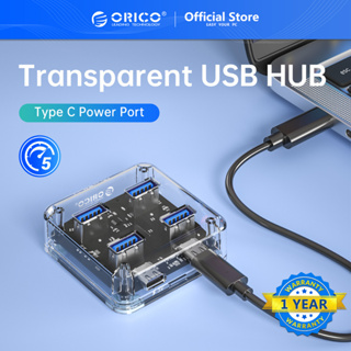 Orico ฮับ USB 3.0 แบบใส 4 พอร์ต สวิตช์แยก USB 5 Gbps ความเร็วสูง สําหรับโทรศัพท์มือถือ แล็ปท็อป พีซี แท็บเล็ต (MH4UC)