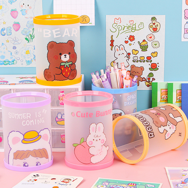 กล่องเก็บเครื่องเขียน ปากกา ดินสอ ทรงกลม ลายการ์ตูนน่ารัก แบบพับได้ DIY สําหรับโรงเรียน บ้าน
