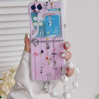 เคสโทรศัพท์มือถือ PC แข็ง แบบใส กันกระแทก ลายดอกไม้แห้ง เถาวัลย์ พร้อมสายคล้องข้อมือ ประดับลูกปัด สําหรับ Samsung Galaxy Z Flip 4 Z Flip 5 Z Flip 3