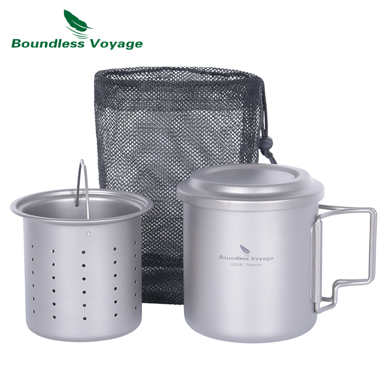 Boundless Voyage ไทเทเนียมแก้วกรองชา 420ml/14.2 Fl.oz ถ้วยชาพับกลางแจ้ง Camping ชา Maker Ti3054D