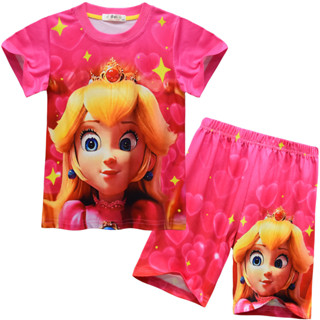 ชุดนอน เสื้อยืด แขนสั้น พิมพ์ลาย Mario Peach Princess กางเกงขาสั้น ชุดคอสเพลย์ สําหรับเด็กผู้หญิง 2 ชิ้น