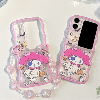 เคสโทรศัพท์มือถือแบบนิ่ม TPU ใส กันกระแทก ลายการ์ตูนน่ารัก สีชมพู สีม่วง พร้อมสายคล้องข้อมือ สําหรับ OPPO Find N2 Find N2