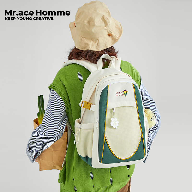 Mr. ace Homme 2586 Farm Series กระเป๋าเป้สะพายหลังผู้หญิงแล็ปท็อป 14 นิ้วกระเป๋าเป้สะพายหลังสไตล์เกา