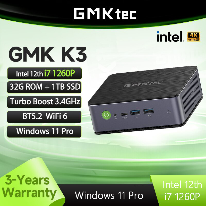 GMKtec K3 Intel 12th i7 Mini Pc 1260P กระบวนการ 12C/16T DDR4 RAM M2 NVME SSD หน้าต่าง 11 Pro BT5.2/W