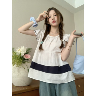 Xiaozhainv ใหม่ เสื้อเชิ้ตแขนตุ๊กตา คอวี ทรงหลวม แต่งระบาย ออกแบบดี