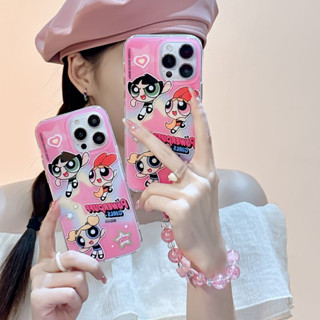 เคสโทรศัพท์มือถือ ลายการ์ตูนพาวเวอร์พัฟฟ์เกิร์ลน่ารัก พร้อมสายโซ่คล้อง สีชมพู สําหรับ iPhone 14Pro max case 13Pro max 12Pro max 14Pro 13Pro 12Pro 11 12 13 14 case