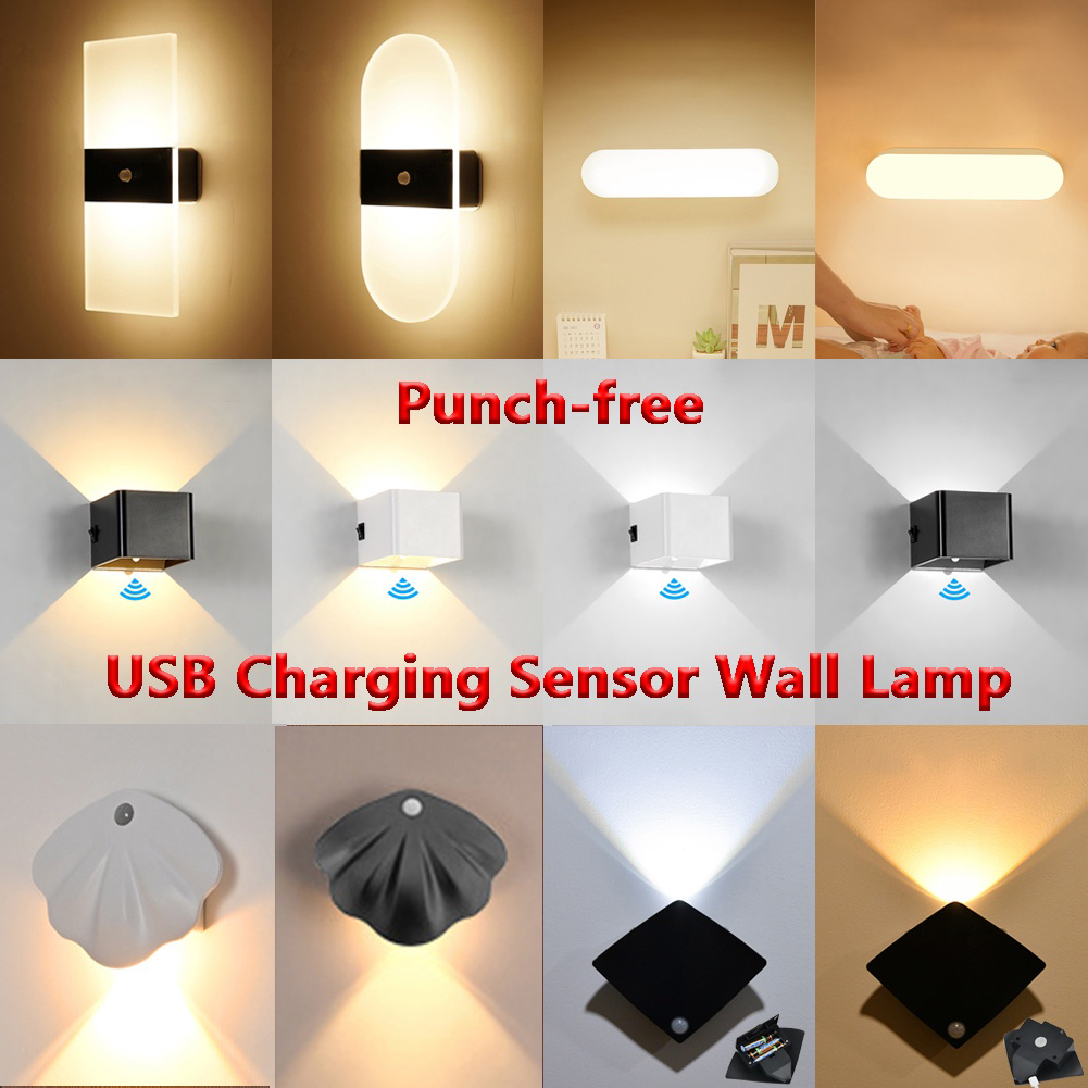 โคมไฟติดผนัง LED, โคมไฟติดผนังเซ็นเซอร์, การชาร์จ USB, ไม่ต้องเจาะ, เปิดปิดอัตโนมัติ สำหรับห้องนอน ห้องนั่งเล่น ห้องครัว บันได ด้วย 3M และแผ่นแม่เหล็ก ติดได้ทุกพื้นผิวเรียบ