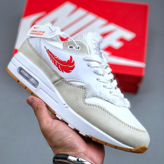 Air Max 1 JW รองเท้าวิ่งลําลอง แต่งขนนก สีขาว สีแดง สไตล์วินเทจ FJ4628 100