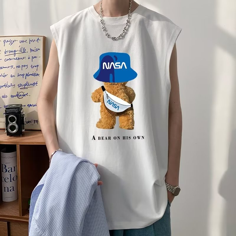 เสื้อกล้าม แขนกุด พิมพ์ลายหมี ทรงหลวม แฟชั่นฤดูร้อน สําหรับผู้ชาย