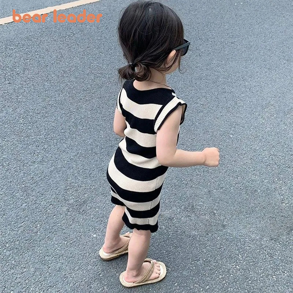 Bear Leader Girls Summer Striped Dress Childrens Korean Version Slim Long Dress Childrens 2024 New Style Skirt Thin สไตล์ต่างประเทศฤดูร้อน