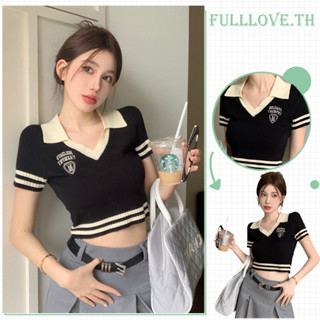 Fulllove Polo แขนสั้นเสื้อครอปท็อป คอปกโปโล สไตล์เรโทร crop top y2k
