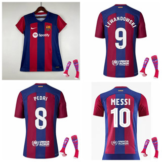 เสื้อกีฬาแขนสั้น ลายทีมชาติฟุตบอล Barcelona Lewandowski Messi Pedri De Jong Fati 2023-24 ชุดเหย้า สําหรับผู้หญิง