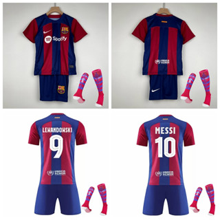 เสื้อกีฬาแขนสั้น ลายทีมชาติฟุตบอล Barcelona Messi Lewandowski 2023-24 ชุดเหย้า สําหรับเด็ก