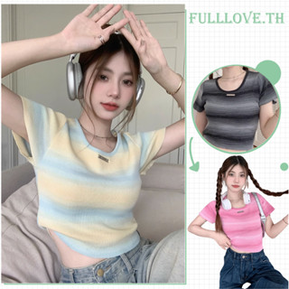 Fulllove Y2k แขนสั้นเสื้อครอปท็อป คอกลม แต่งลายขวาง ผ้าใส่สบาย สไตล์เกาหลี crop top