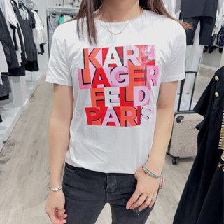 Karl Lagerfeld เสื้อยืดแขนสั้นลําลอง พิมพ์ลายตัวอักษร ใส่สบาย เรียบง่าย สําหรับผู้หญิง D934H