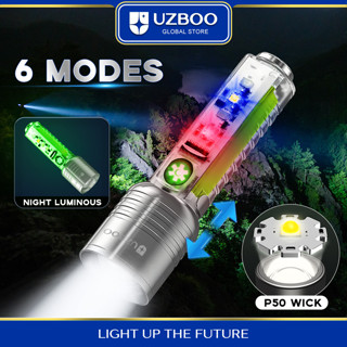 Uzboo พวงกุญแจไฟฉายไฟฟ้า 6 โหมด ขนาดเล็ก ชาร์จ USB อเนกประสงค์ สําหรับตั้งแคมป์ เดินป่า ปั่นจักรยาน