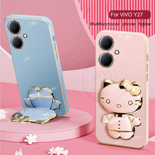 เคสนิ่ม ลายแมว พร้อมกระจกแต่งหน้า แบบพับได้ สําหรับ Vivo Y27 4G(6.64 นิ้ว)