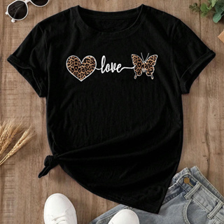 ใหม่ เสื้อยืดแขนสั้นลําลอง พิมพ์ลายตัวอักษร Love and Butterfly Love สีขาว สีดํา แฟชั่นฤดูใบไม้ผลิ และฤดูร้อน สําหรับผู้หญิง