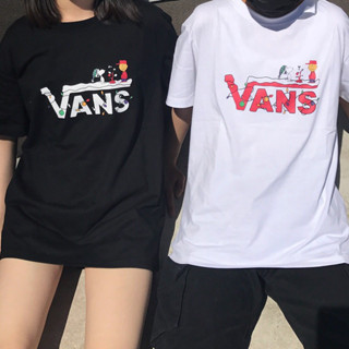 เสื้อยืด ผ้าฝ้าย พิมพ์ลายการ์ตูน Vans Snoopy ทรงหลวม สําหรับผู้ชายและผู้หญิง