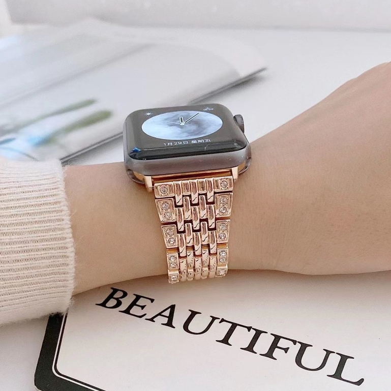 สายนาฬิกาข้อมือโลหะ ประดับเพชร สองด้าน สําหรับ Apple Watch 8 7 SE 6 5 4 3 SE