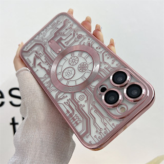 (พร้อมฟิล์มเลนส์) Iphone 11 Pro Max 11 เคสโทรศัพท์ ซิลิโคนใส กันกระแทก เคลือบไฟฟ้า หรูหรา เคสป้องกัน แม่เหล็ก ดูดซับ เคสนิ่ม รูปแบบวงจร เคสโทรศัพท์