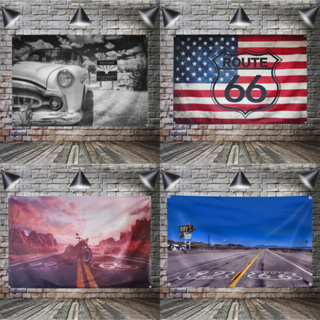 Route 66 ธงแบนเนอร์ USA 4 ช่อง 3X5 ฟุต 90 ซม. X 150 ซม. สไตล์เรโทร สําหรับแขวนตกแต่งรถจักรยานยนต์