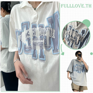 Fulllove เสื้อโปโล เสื้อยืด คอปก แขนสั้น สไตล์เกาหลี โอเวอร์ไซซ์ เย็บปักถักร้อย