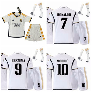 เสื้อกีฬาแขนสั้น ลายทีมฟุตบอล Real Madrid CF Cristiano Ronaldo Benzema Modric 2023-24 ชุดเหย้า พร้อมถุงเท้า