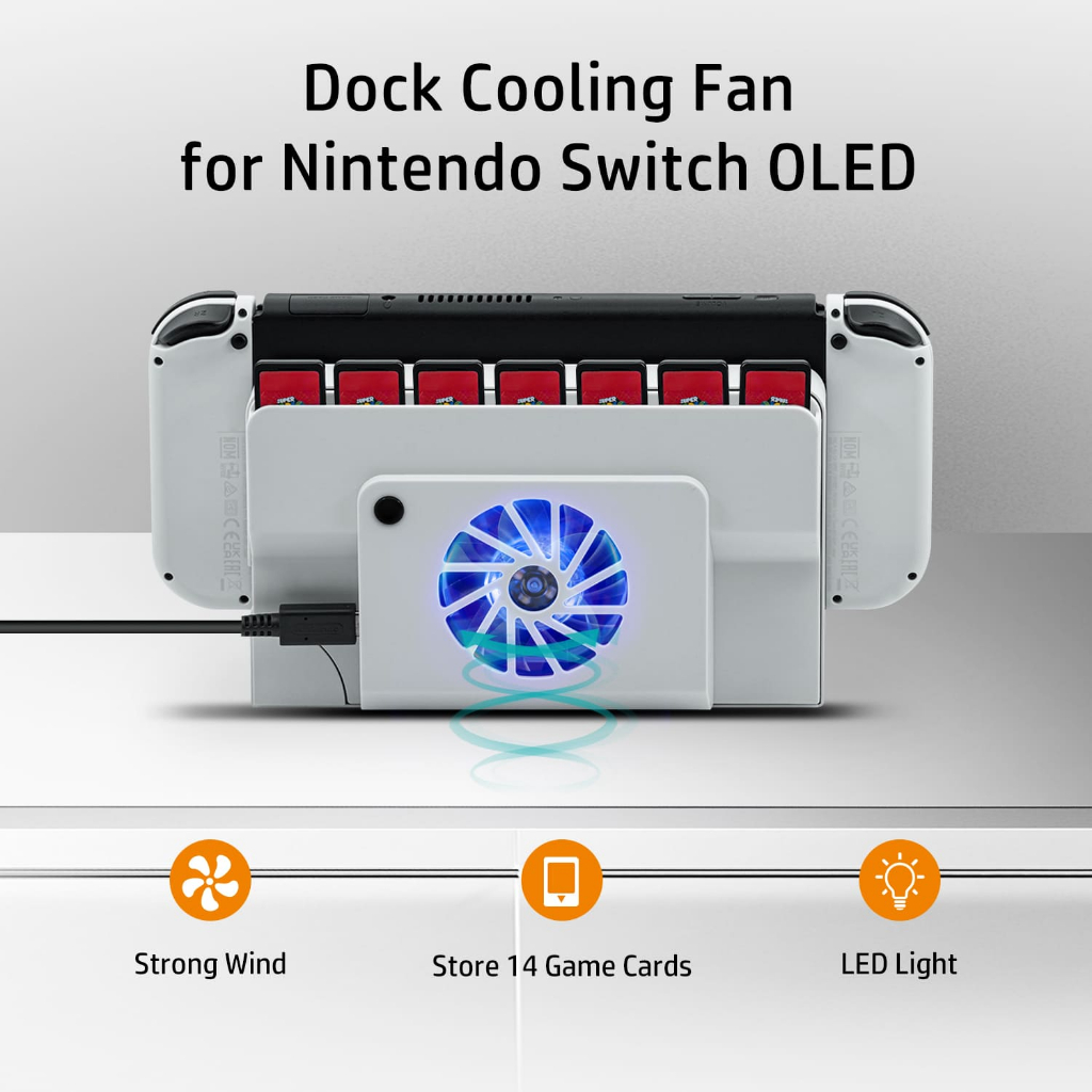 Dobe Dock พัดลมระบายความร้อน พร้อมที่เก็บการ์ดเกม สีขาว สําหรับ Nintendo Switch OLED