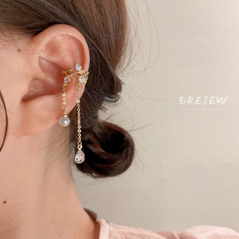 DREJEW ต่างหูทอง 18K ประดับมุก เพทาย ไม่เจาะหู สไตล์เกาหลี ไฮเอนด์ เครื่องประดับสตรี