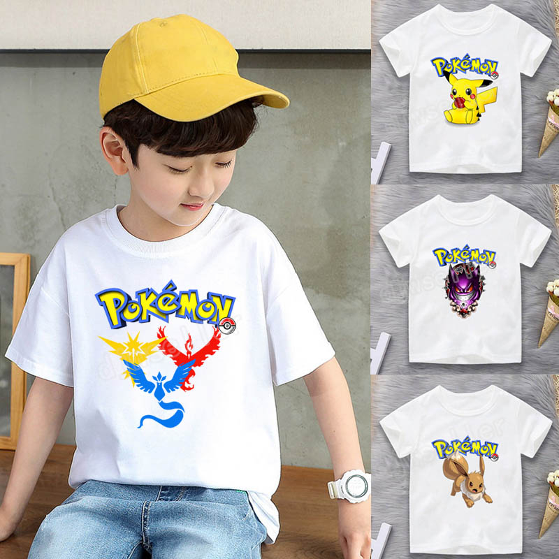 เสื้อยืดแขนสั้น พิมพ์ลาย Pokemon Pikachu Genger แฟชั่นฤดูร้อน สําหรับเด็กผู้ชาย และเด็กผู้หญิง