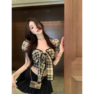 Xiaozhainv เสื้อแขนสั้น แขนพอง ประดับโบว์ ลายตารางหมากรุก สําหรับผู้หญิง