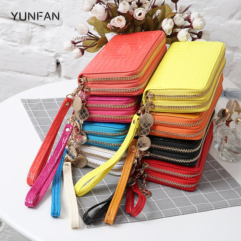 Yunfan กระเป๋าสตางค์ใบยาว มีซิปคู่ ความจุขนาดใหญ่ สีชมพู สําหรับสตรี [พร้อมส่ง]