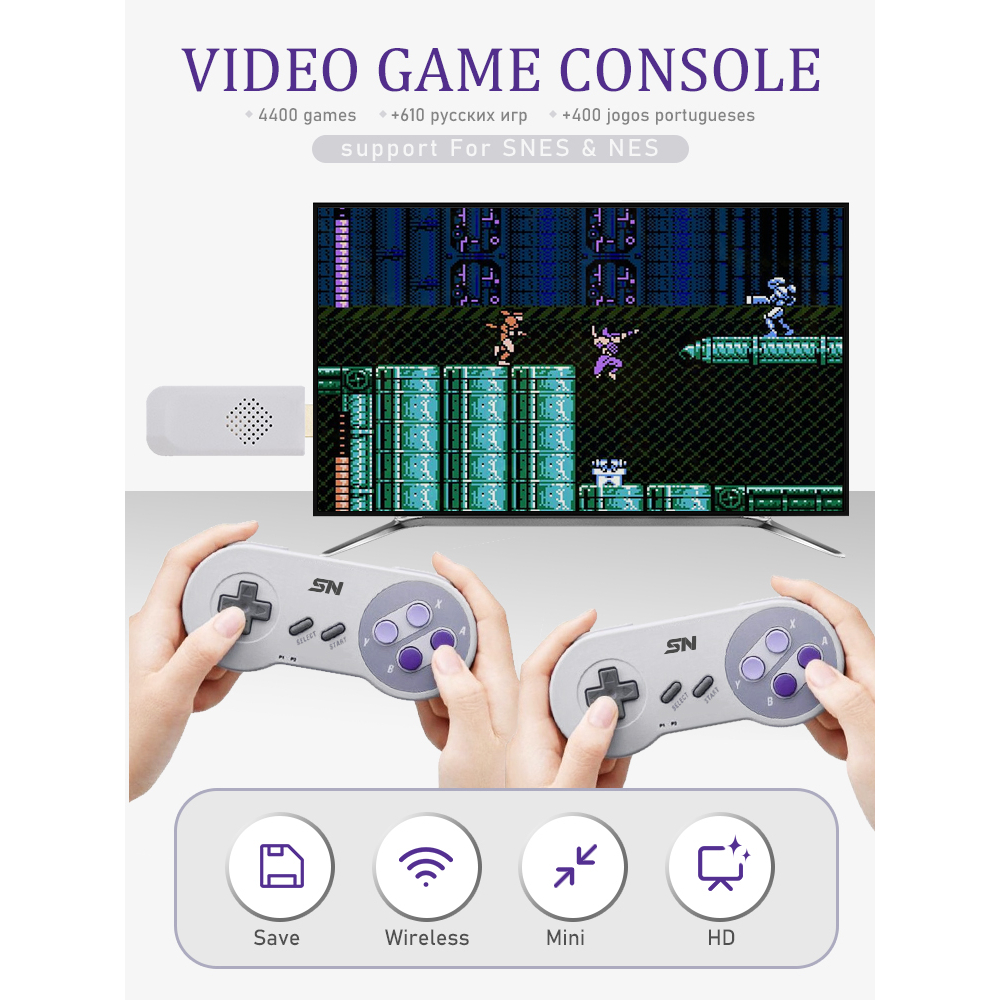 16 บิต 8 บิตไร้สาย Retro 4K ทีวีเกม HDMI วิดีโอเกมคอนโซลซูเปอร์ Nintendo SNES 4400 + เกมติดคอนโซล
