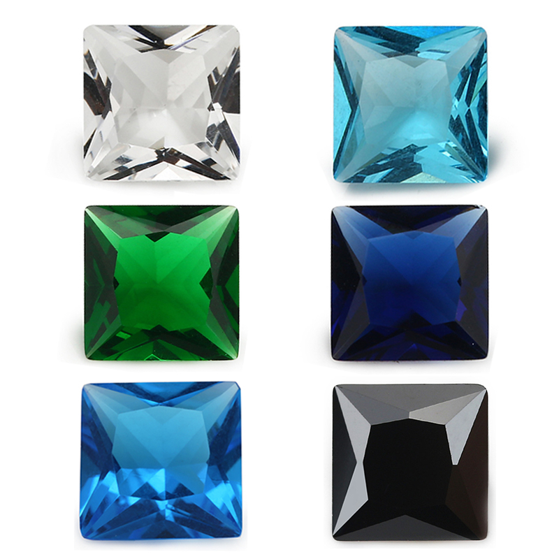 ขนาด 3x3 ~ 10x10 มม.สแควร์เจ้าหญิงตัดสีดํา,สีเขียว,สีฟ้า,สีฟ้าทะเลอ่อน,สีฟ้ามืด,สีขาวหินแก้วหลวมอัญมณีสังเคราะห์สําหรับเครื่องประดับ